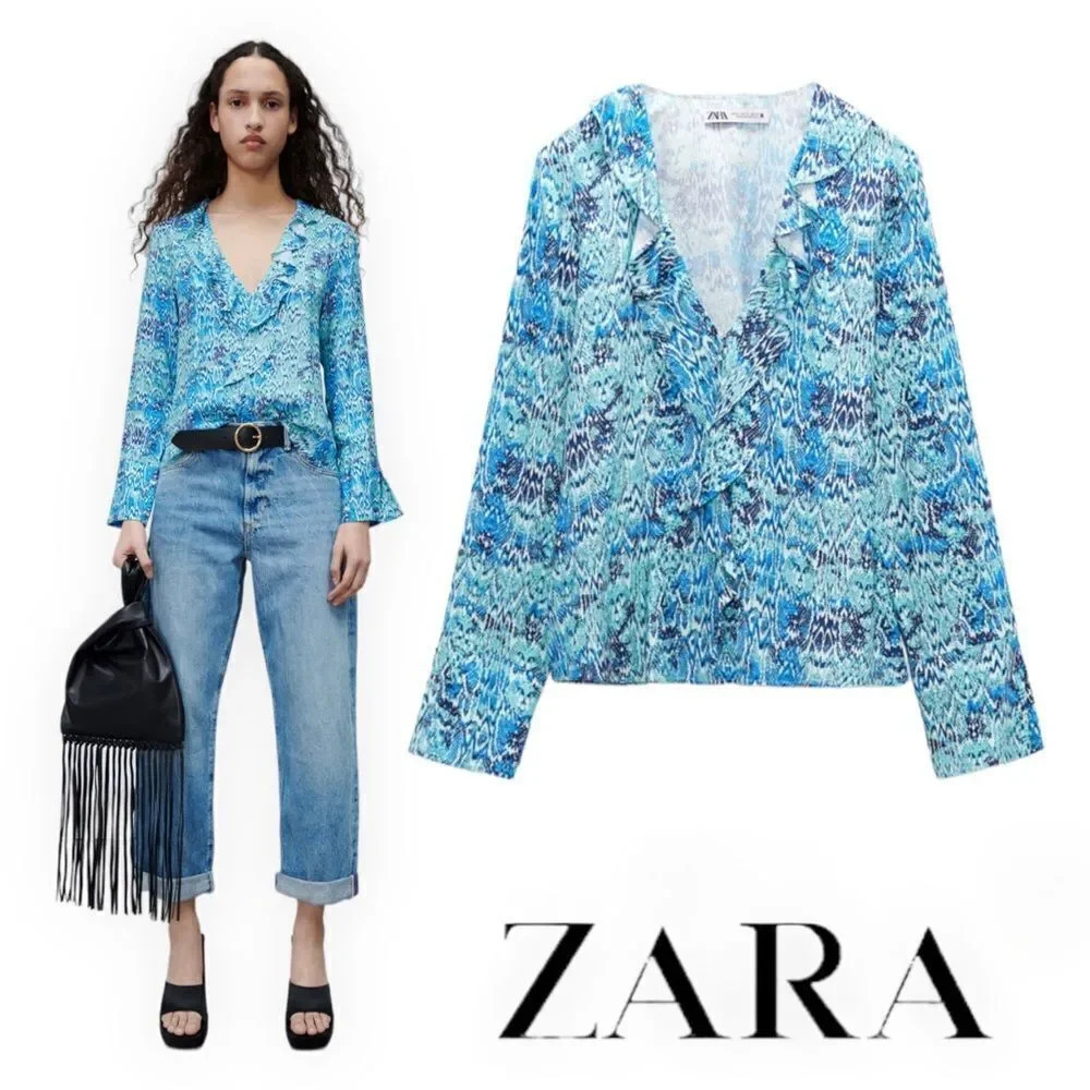ZARA Blue Ruffled Animal Print Blouse XL NWT 8514/056